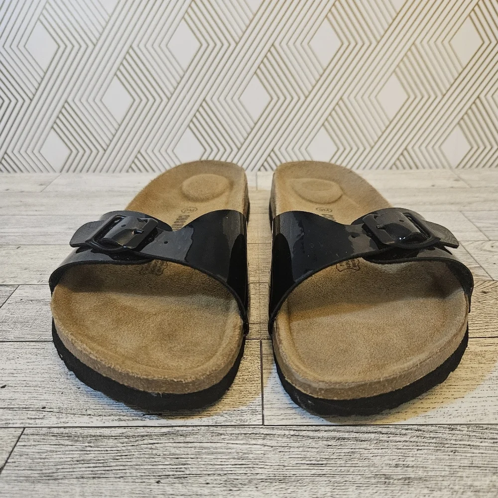 Cushionaire Slide Sandals Black Patent Leather Size 9